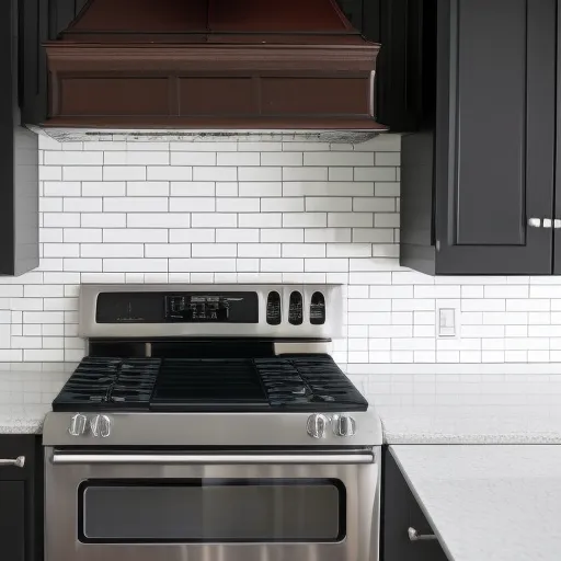 

A close-up of a modern kitchen backsplash featuring white subway tiles and a dark grout.