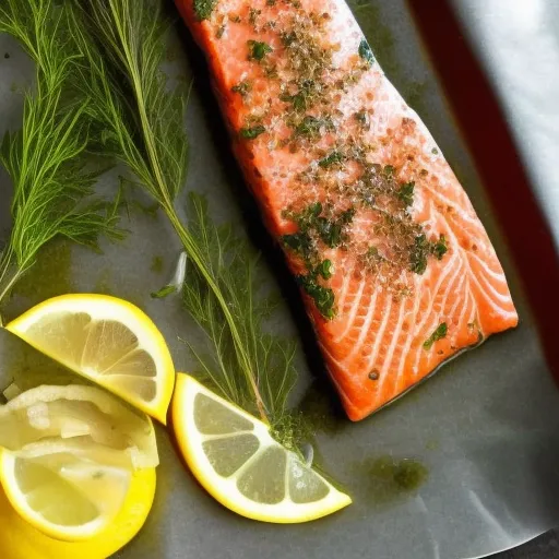 

A close-up image of a freshly cooked salmon fillet, served with lemon slices and herbs.