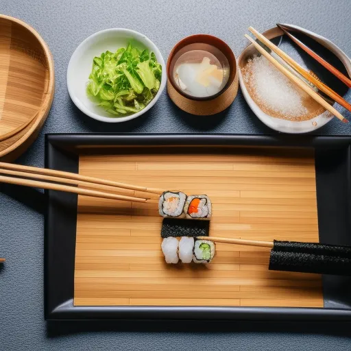 

A picture of a sushi chef rolling a sushi roll with a bamboo mat, surrounded by various kitchen tools and ingredients.