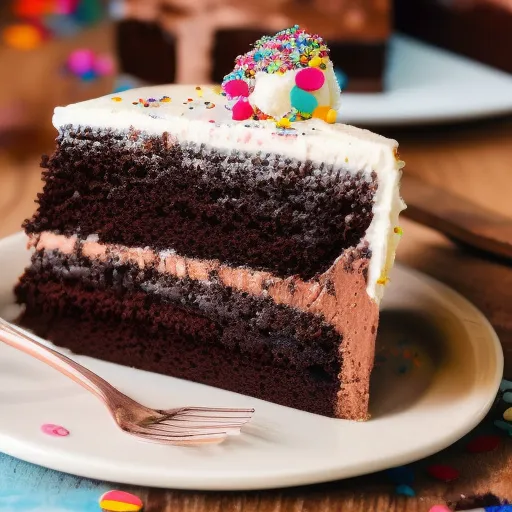 

A close-up of a freshly-baked chocolate cake with a slice cut out, surrounded by colorful sprinkles and a scoop of ice cream.