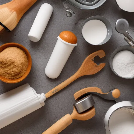 

A close-up of a kitchen countertop with a variety of baking tools and ingredients, including a rolling pin, measuring cups, and flour.