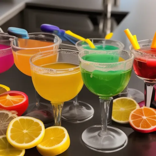 

A close-up of a variety of colorful and delicious-looking drinks in glasses, with a selection of kitchen tools in the background.