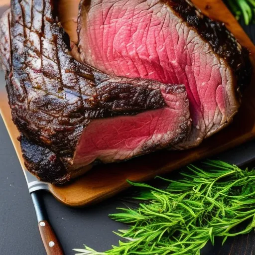 

An image of a perfectly cooked sirloin tip roast, with a golden brown exterior, resting on a cutting board surrounded by fresh herbs.