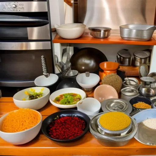 

A picture of a kitchen with a variety of Thai cooking ingredients and tools, including a mortar and pestle, coconut grater, and wok.