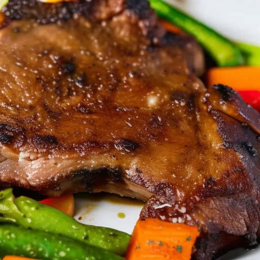 

A close-up of a succulent pork chop cooked to perfection, served on a plate with a side of vegetables.