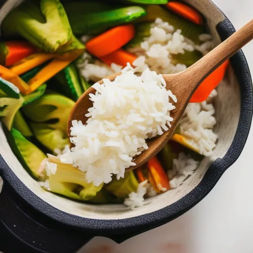 

A close-up of a wooden spoon stirring a pot of steaming white rice, with a bowl of chopped vegetables nearby.