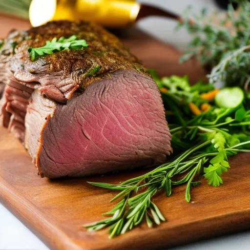 

A close-up of a succulent, golden-brown roast beef with a carving knife and fork resting on a cutting board, surrounded by fresh herbs and vegetables.