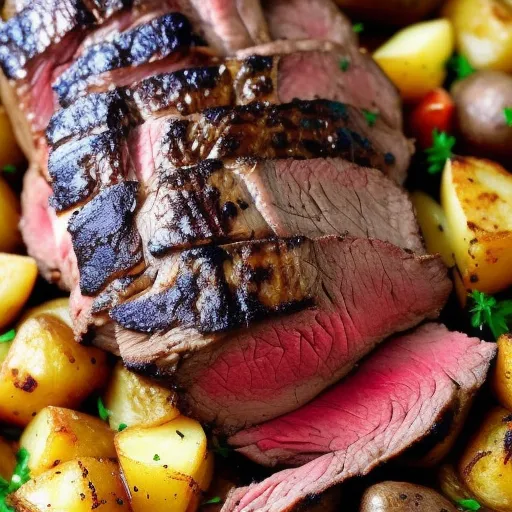 

A close-up of a succulent sirloin roast, cooked to perfection and served with vegetables and potatoes.