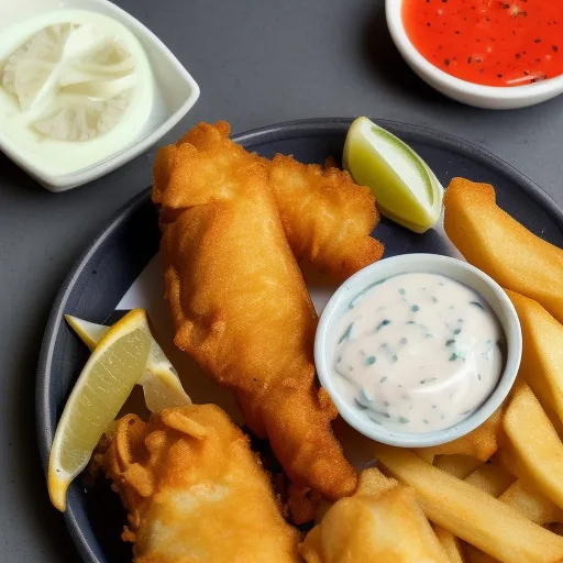 

A close-up of a plate of freshly-cooked fish and chips, with a side of tartar sauce.
