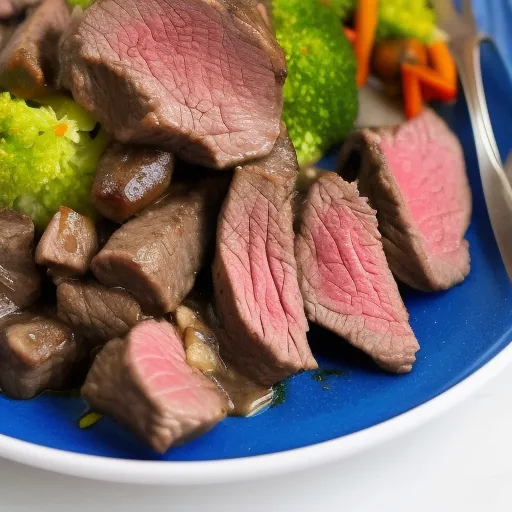 

A close-up image of a plate of succulent beef tips cooked in an Instant Pot, served with a side of steamed vegetables.