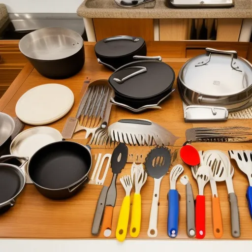 

A close-up of a kitchen countertop with a variety of cooking utensils, including pots, pans, and knives, arranged neatly in preparation for cooking.
