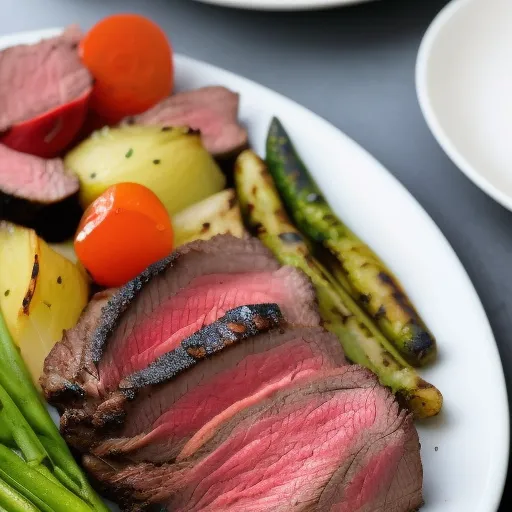 

A close-up of a perfectly grilled tri tip steak, with a golden-brown crust and juicy pink center, served on a plate with a side of vegetables.