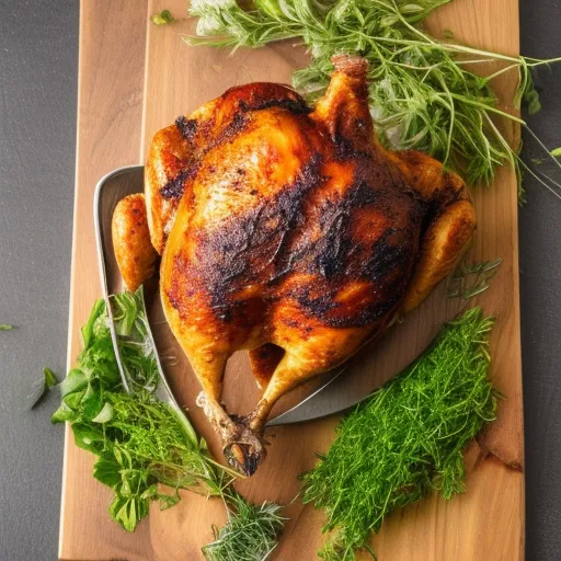 

A photo of a roasted chicken on a cutting board, surrounded by herbs and vegetables.