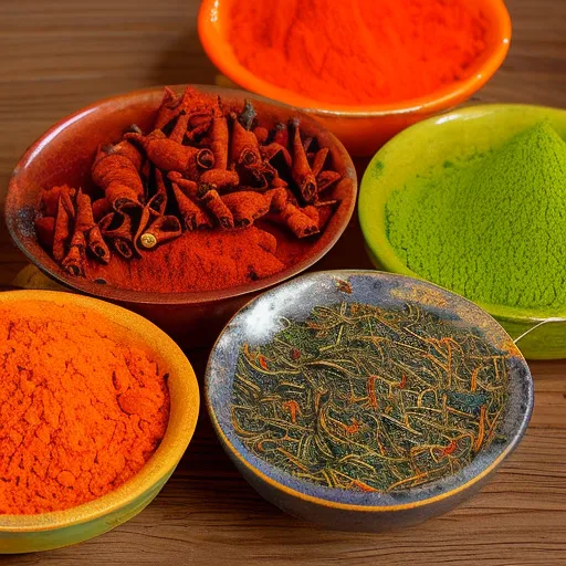 

A close-up of a colorful array of Indian spices, arranged in small bowls on a wooden table, with a mortar and pestle in the foreground.