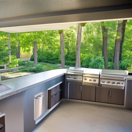 

An image of a modern outdoor kitchen with a built-in grill, countertop, and seating area, surrounded by lush greenery.