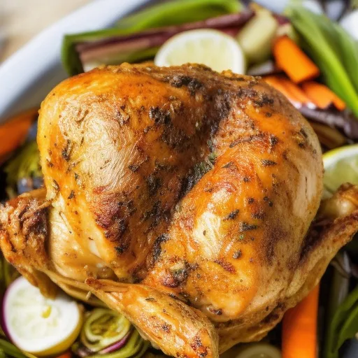 

A close-up of a golden-brown roasted chicken, garnished with herbs, sitting atop a bed of vegetables.