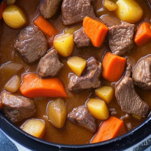 

A close-up of a Dutch oven filled with a hearty beef stew, topped with potatoes, carrots, and onions.