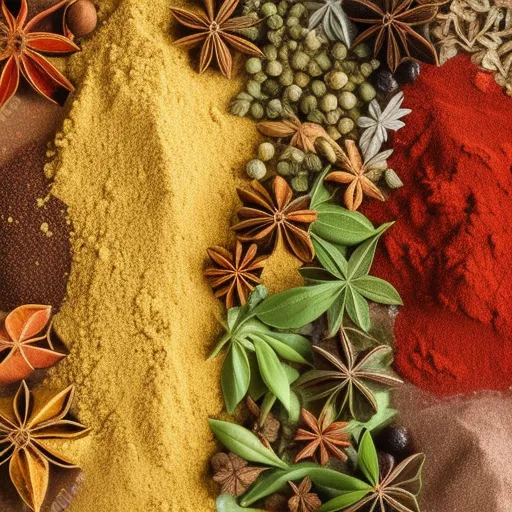 

A close-up of a colorful array of spices and herbs, arranged in a traditional Middle Eastern spice box.