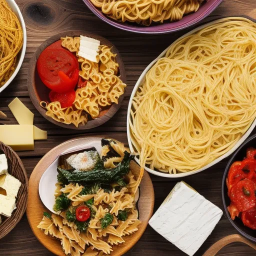 

A photo of a variety of European dishes, including Italian pasta, French cheese, and Spanish paella, arranged on a wooden table.