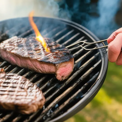 

A photo of a person grilling steak on a charcoal grill, with smoke rising from the grill and a pair of tongs in the foreground.