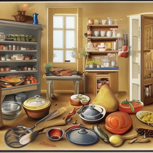 

A picture of a traditional German kitchen with a variety of cooking utensils, ingredients, and spices, illustrating the diverse range of ingredients and equipment used in German cuisine.