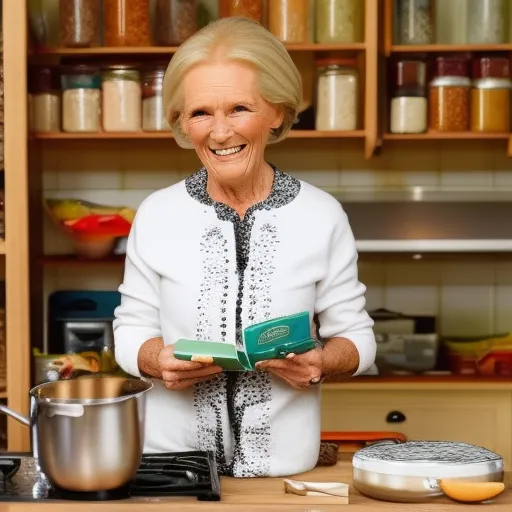 

A smiling Mary Berry holding a cookbook, surrounded by ingredients and kitchen tools.