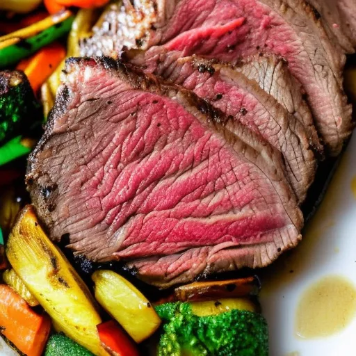 

A close-up image of a juicy, perfectly cooked tri-tip steak, served on a plate with a side of grilled vegetables.