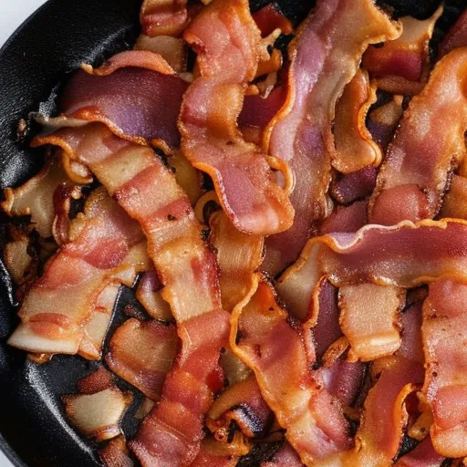 

A close-up image of a pan of bacon sizzling in a skillet, with the bacon strips turning golden-brown.