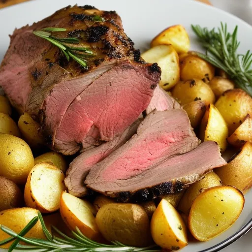 

A succulent roasted leg of lamb with rosemary, garlic, and lemon, served with roasted potatoes and vegetables.