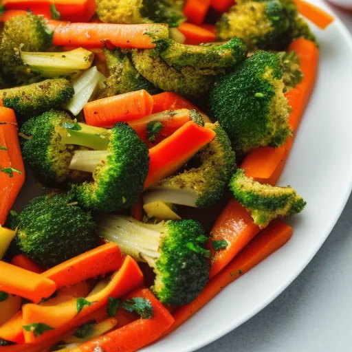 

A close-up of a plate of freshly cooked vegetables, including broccoli, carrots, and peppers, with herbs sprinkled on top.