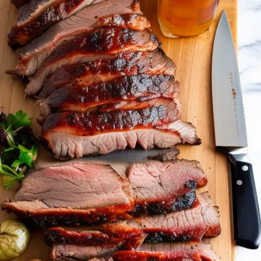 

A succulent, juicy brisket cooked to perfection, served on a cutting board with a knife and fork.