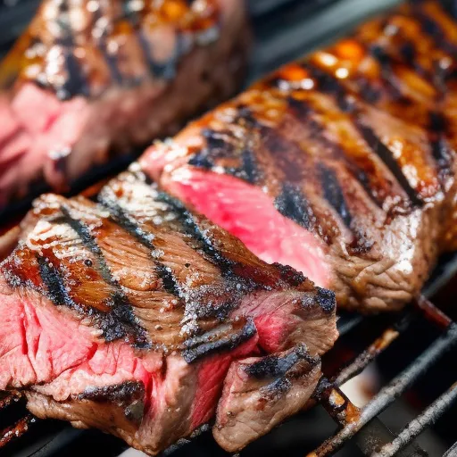 

A close-up of a juicy, perfectly cooked steak, sizzling on a hot grill.