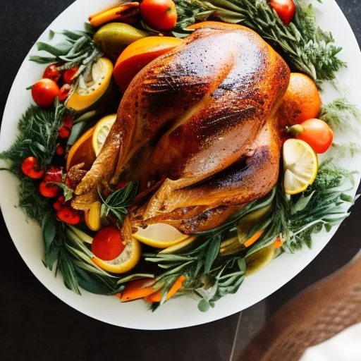 

A golden-brown roasted turkey, surrounded by vegetables and herbs, sitting atop a platter.