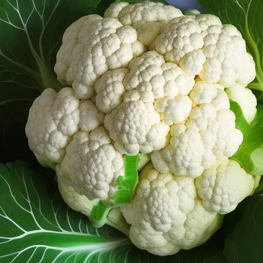 

A close-up of a head of cauliflower, cut in half to reveal its white florets and green leaves.