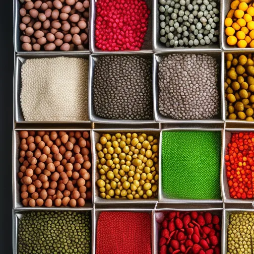

A close-up image of a variety of legumes, lentils and chia seeds, arranged in a colorful and appetizing display.