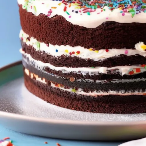 

A delicious-looking multi-layered chocolate cake with a creamy frosting and colorful sprinkles.