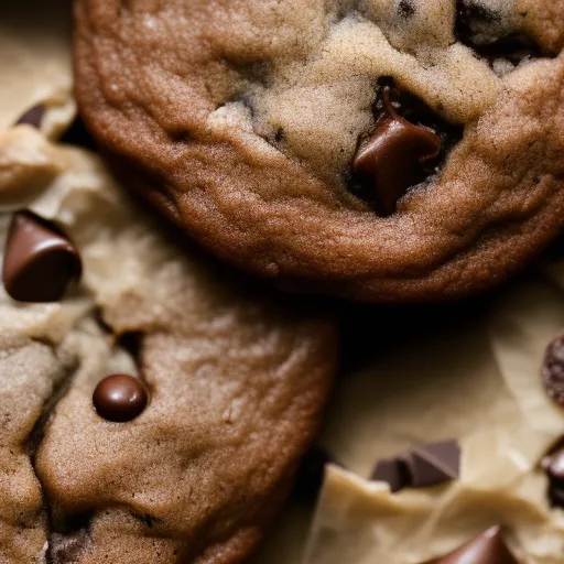 

A close-up of a freshly-baked chocolate chip cookie, with a few chips still visible on the surface.