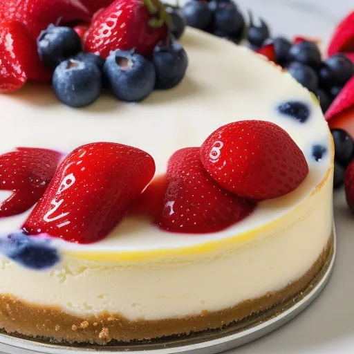 

A close-up photo of a decadent, multi-layered cheesecake topped with fresh strawberries and blueberries.