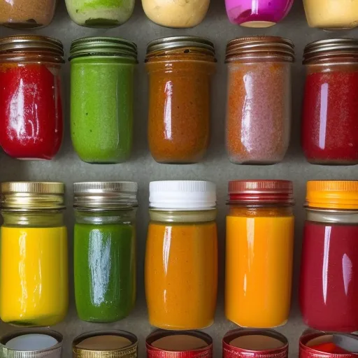 

A photo of a variety of homemade sauces in colorful jars, each with a unique flavor.