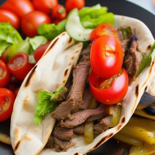 

A close-up of a freshly-grilled shawarma, with juicy slices of lamb, tomatoes, and onions, served on a warm pita bread.