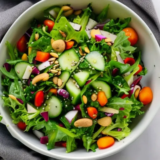 

A vibrant bowl of salad filled with fresh vegetables, nuts, and seeds, topped with a drizzle of olive oil.