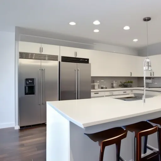 

A modern kitchen with stainless steel appliances, white cabinets, and a large island with seating.