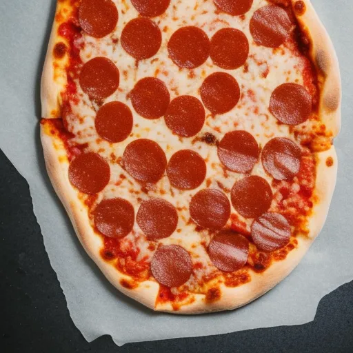

A close-up of a freshly-baked pizza with melted cheese and pepperoni, with a slice cut out and ready to eat.