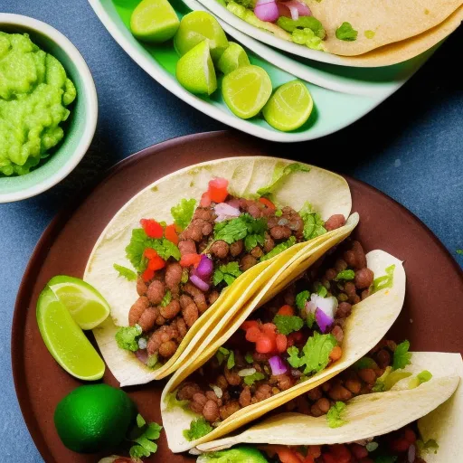 

A colorful plate of tacos, beans, and guacamole, with a side of salsa and lime wedges, showcasing the vibrant flavors of Mexican cuisine.
