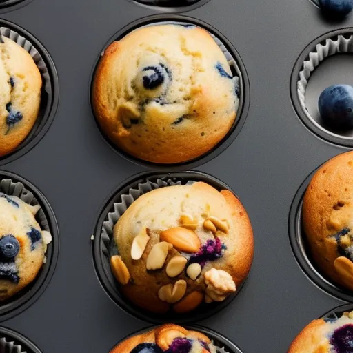 

A close-up image of a freshly-baked muffin with a variety of colorful toppings, including blueberries, chocolate chips, and nuts.