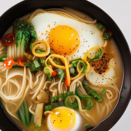 

A bowl of steaming hot noodles with vegetables and spices, topped with a fried egg, ready to be enjoyed.