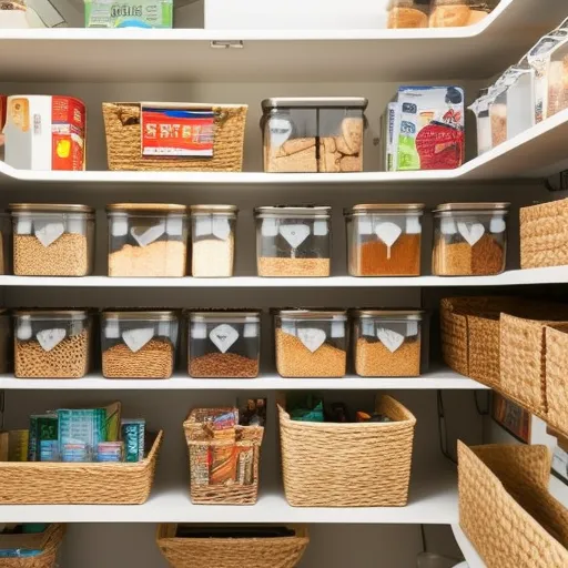 

A photo of a well-organized pantry with labeled shelves and baskets, showcasing a variety of storage solutions for kitchen items.