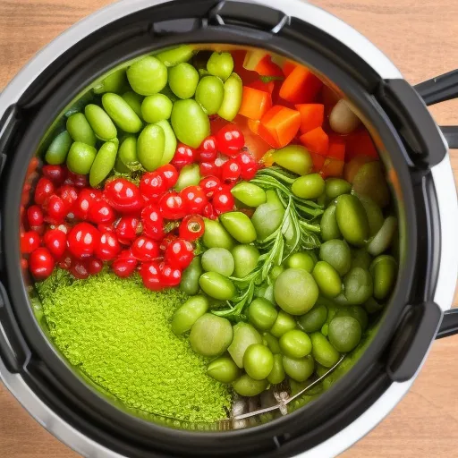 

A close-up of a pressure cooker filled with a variety of colorful vegetables, herbs, and spices, ready to be cooked.