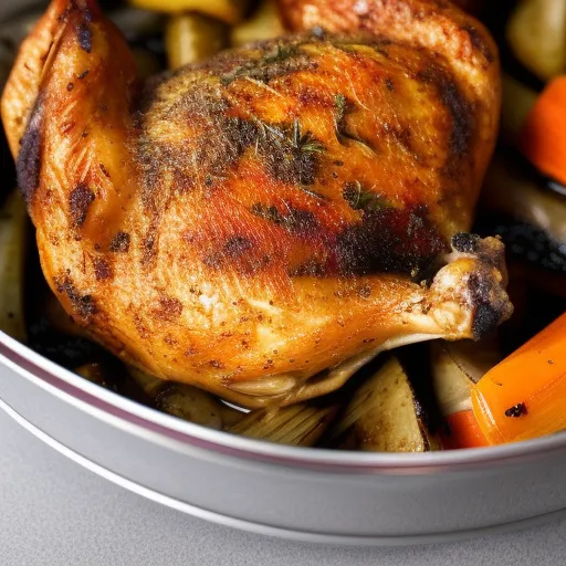 

A close-up image of a roasted chicken with vegetables, herbs, and spices, with a golden-brown, crispy skin.